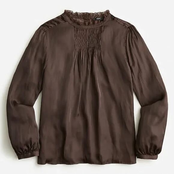 NWT J.Crew Chocolate Brown Ruffleneck Drapey Long Sleeve Blouse Top, size S - Picture 1 of 6